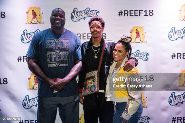 Shareef O'Neal poses with Shaquille O'Neal as he celebrates 18th birthday party at West Coast Customs on January 13, 2018 in Burbank, California.