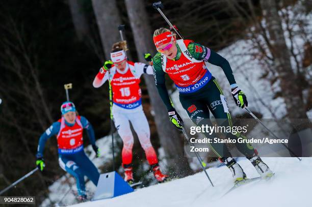 Denise Herrmann of Germany in action during the IBU Biathlon World Cup Men's and Women's Mass Start on January 14, 2018 in Ruhpolding, Germany.