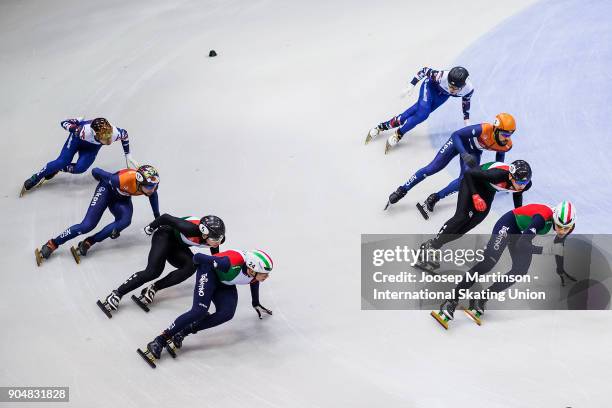 Team Italy, team Hungary, team Netherlands and team Russia compete in the Men's 5000m Relay final during day three of the European Short Track Speed...