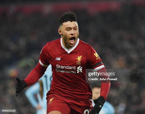 Alex Oxlade-Chamberlain of Liverpool Celebrates the opener during the Premier League match between Liverpool and Manchester City at Anfield on...