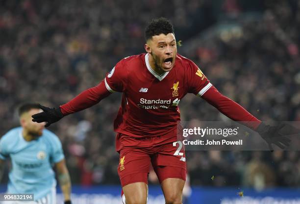 Alex Oxlade-Chamberlain of Liverpool Celebrates the opener during the Premier League match between Liverpool and Manchester City at Anfield on...