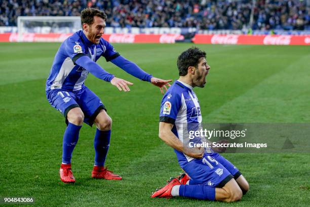 Manu Garcia of Deportivo Alaves celebrates 1-0 with Ibai Gomez of Deportivo Alaves during the La Liga Santander match between Deportivo Alaves v...