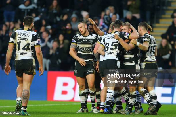 Hull FC celebrate a try during the Clive Sullivan Trophy, pre-season friendly match between Hull FC and Hull KR at KCOM Stadium on January 14, 2018...