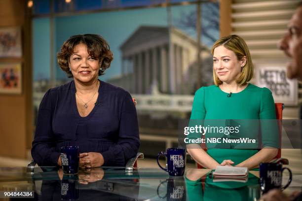 Pictured: Helene Cooper, New York Times, and Elise Jordan MSNBC, appear on "Meet the Press" in Washington, D.C., Sunday, Jan. 14, 2018.