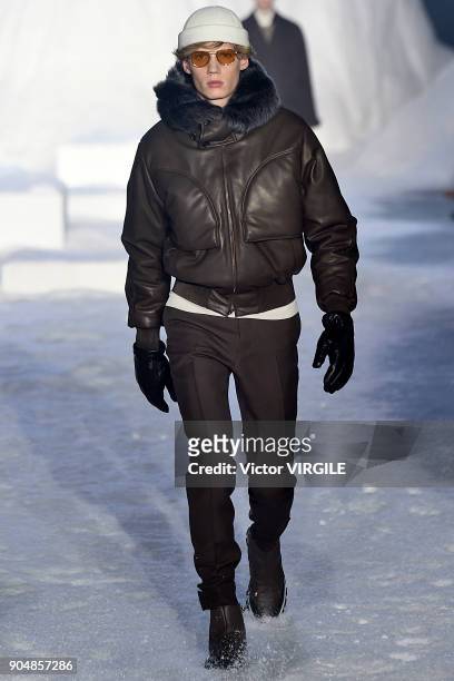 Model walks the runway at the Ermenegildo Zegna show during Milan Men's Fashion Week Fall/Winter 2018/19 on January 12, 2018 in Milan, Italy.