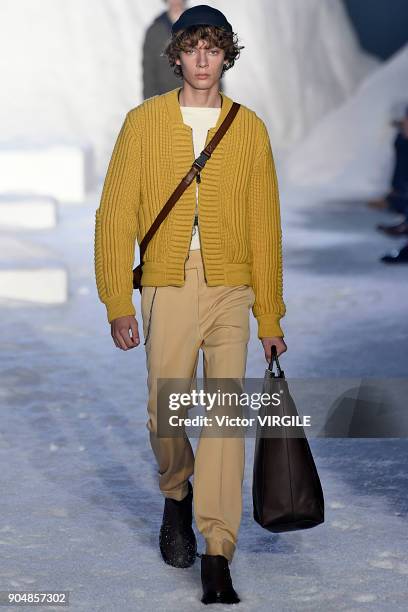 Model walks the runway at the Ermenegildo Zegna show during Milan Men's Fashion Week Fall/Winter 2018/19 on January 12, 2018 in Milan, Italy.