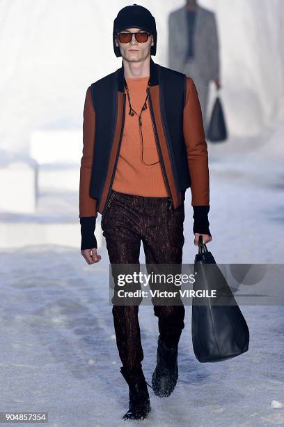 Model walks the runway at the Ermenegildo Zegna show during Milan Men's Fashion Week Fall/Winter 2018/19 on January 12, 2018 in Milan, Italy.