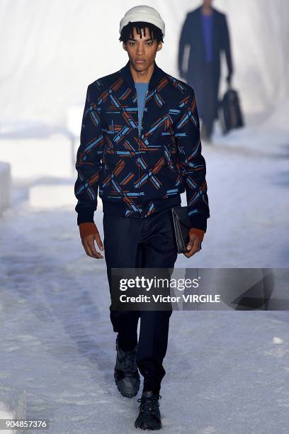 Model walks the runway at the Ermenegildo Zegna show during Milan Men's Fashion Week Fall/Winter 2018/19 on January 12, 2018 in Milan, Italy.