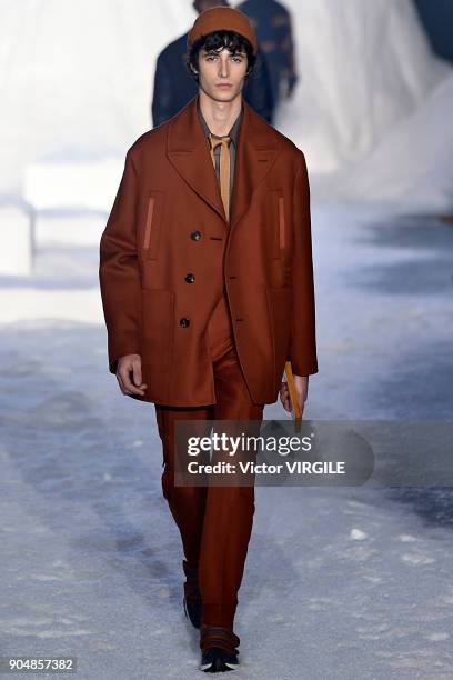 Model walks the runway at the Ermenegildo Zegna show during Milan Men's Fashion Week Fall/Winter 2018/19 on January 12, 2018 in Milan, Italy.