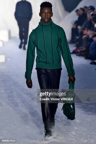 Model walks the runway at the Ermenegildo Zegna show during Milan Men's Fashion Week Fall/Winter 2018/19 on January 12, 2018 in Milan, Italy.