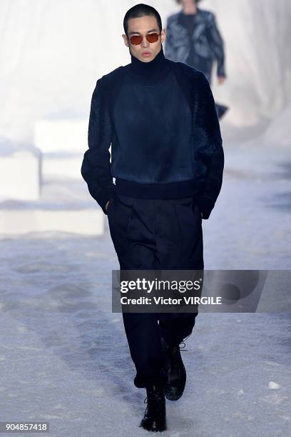 Model walks the runway at the Ermenegildo Zegna show during Milan Men's Fashion Week Fall/Winter 2018/19 on January 12, 2018 in Milan, Italy.