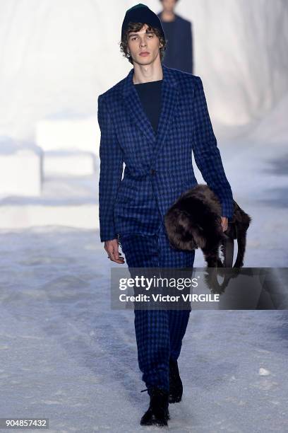 Model walks the runway at the Ermenegildo Zegna show during Milan Men's Fashion Week Fall/Winter 2018/19 on January 12, 2018 in Milan, Italy.