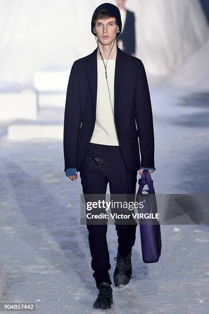 Model walks the runway at the Ermenegildo Zegna show during Milan Men's Fashion Week Fall/Winter 2018/19 on January 12, 2018 in Milan, Italy.