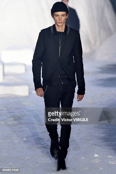 Model walks the runway at the Ermenegildo Zegna show during Milan Men's Fashion Week Fall/Winter 2018/19 on January 12, 2018 in Milan, Italy.