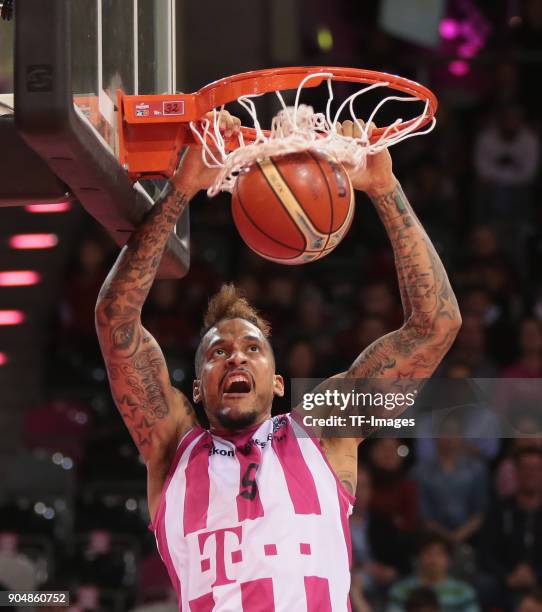 Julian Gamble of Bonn controls the ball during the Basketball Champions League match between Telekom Baskets Bonn and Stelmet Zielona Gora at Telekom...