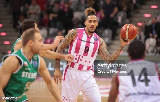 Julian Gamble of Bonn controls the ball during the Basketball Champions League match between Telekom Baskets Bonn and Stelmet Zielona Gora at Telekom...