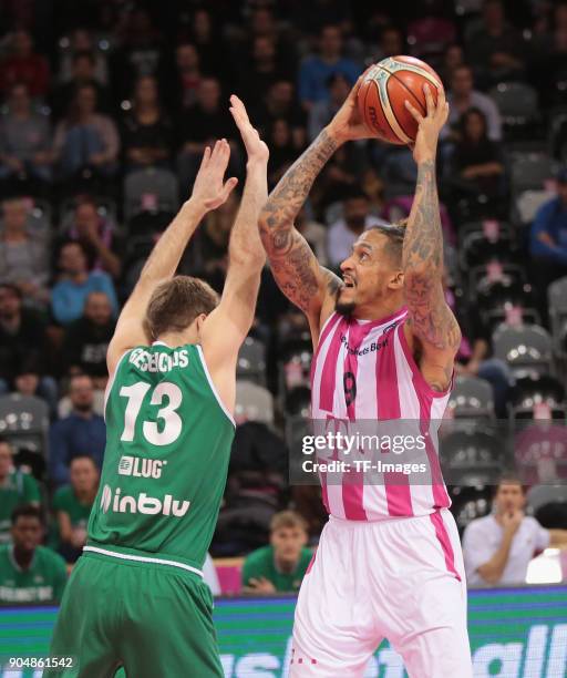 Julian Gamble of Bonn and Martynas Gecevicius of Zielona Gora battle for the ball during the Basketball Champions League match between Telekom...