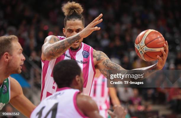 Julian Gamble of Bonn controls the ball during the Basketball Champions League match between Telekom Baskets Bonn and Stelmet Zielona Gora at Telekom...