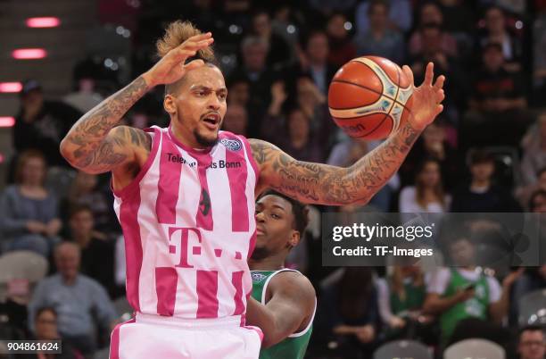 Julian Gamble of Bonn controls the ball during the Basketball Champions League match between Telekom Baskets Bonn and Stelmet Zielona Gora at Telekom...