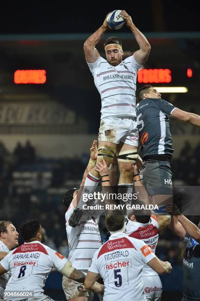 Leicester's flanker Dominic Ryan grabs the ball in a line outduring the European Champions Cup rugby union match between Castres Olympique and...