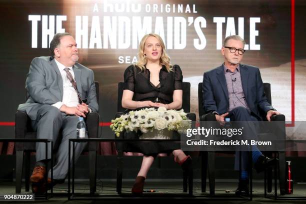 Showrunner/Executive producer Bruce Miller, executive producer/actor Elisabeth Moss, and executive producer Warren Littlefield of 'The Handmaid's...