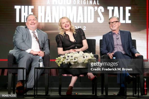 Showrunner/Executive producer Bruce Miller, executive producer/actor Elisabeth Moss, and executive producer Warren Littlefield of 'The Handmaid's...