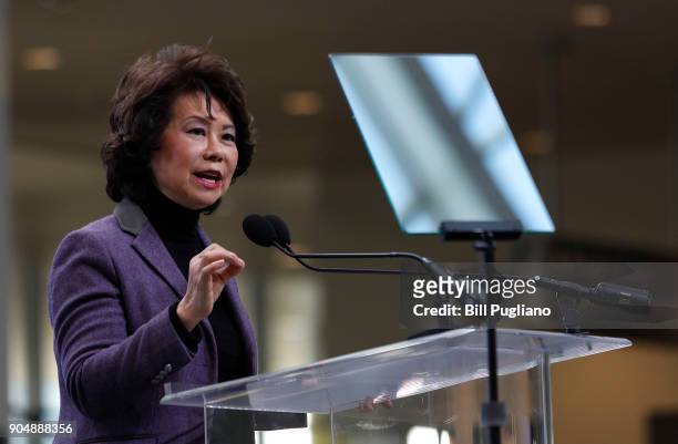 Secretary of Transportation Elaine Chao speaks at the 2018 North American International Auto Show January 14, 2018 in Detroit, Michigan. More than...