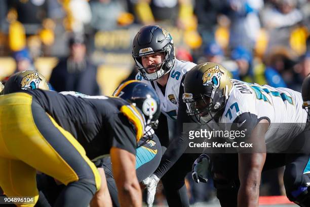 Blake Bortles of the Jacksonville Jaguars looks on from under center against the Pittsburgh Steelers during the first half of the AFC Divisional...