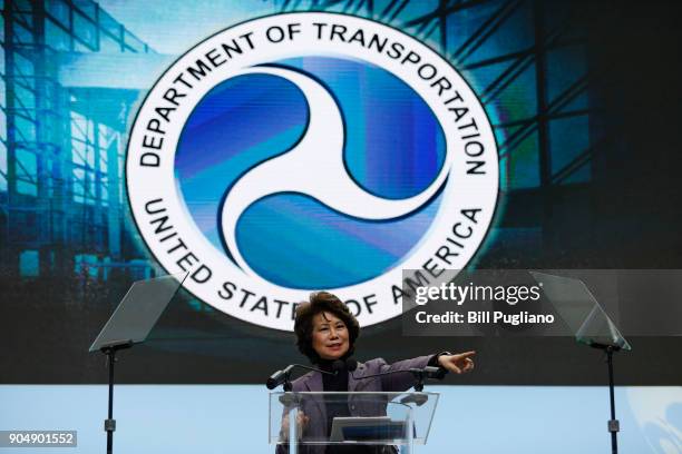 Secretary of Transportation Elaine Chao speaks at the 2018 North American International Auto Show January 14, 2018 in Detroit, Michigan. More than...