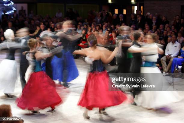 Couples of "Entre2danses" dance school waltz during the annual "Bal de l'Empereur" on January 14, 2018 in Villeneuve-d'Ascq, France.