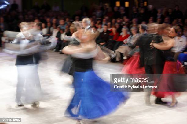 Couples of "Entre2danses" dance school waltz during the annual "Bal de l'Empereur" on January 14, 2018 in Villeneuve-d'Ascq, France.