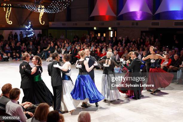 Couples of "Entre2danses" dance school waltz during the annual "Bal de l'Empereur" on January 14, 2018 in Villeneuve-d'Ascq, France.