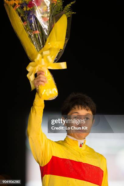 Jockey Yutaka Take at the presentation ceremony after with Copano Rickey winning the Teio Sho at Ohi Racecourse in Tokyo, Japan on June 29, 2016....