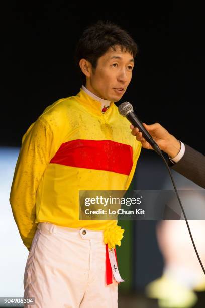 Jockey Yutaka Take at the presentation ceremony after with Copano Rickey winning the Teio Sho at Ohi Racecourse in Tokyo, Japan on June 29, 2016....