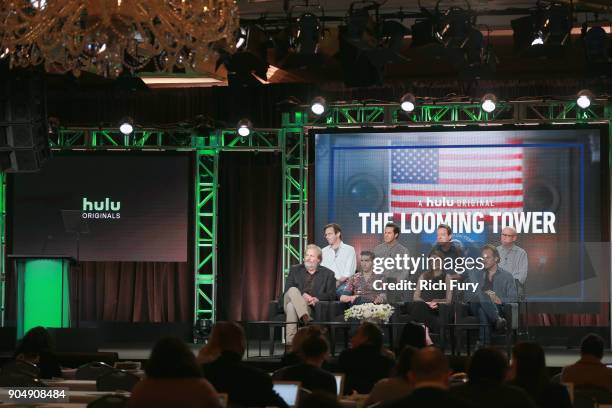 Jeff Daniels, Tahar Rahim, Wrenn Schmidt, Peter Sarsgaard, Danny Futterman, Craig Zisk, Lawrence Wright and Alex Gibney speak onstage during Hulu TCA...