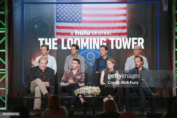 Jeff Daniels, Tahar Rahim, Wrenn Schmidt, Peter Sarsgaard, Danny Futterman, Craig Zisk, Lawrence Wright and Alex Gibney speak onstage during Hulu TCA...