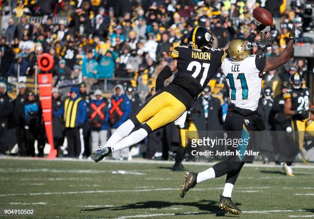 Joe Haden of the Pittsburgh Steelers knocks away a pass intended for Marqise Lee of the Jacksonville Jaguars in the first half during the AFC...