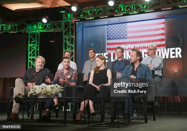 Jeff Daniels, Tahar Rahim, Wrenn Schmidt, Peter Sarsgaard, Danny Futterman, Craig Zisk, Lawrence Wright and Alex Gibney speak onstage during Hulu TCA...