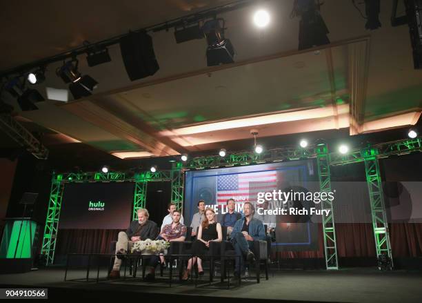 Jeff Daniels, Tahar Rahim, Wrenn Schmidt, Peter Sarsgaard, Danny Futterman, Craig Zisk, Lawrence Wright and Alex Gibney speak onstage during Hulu TCA...