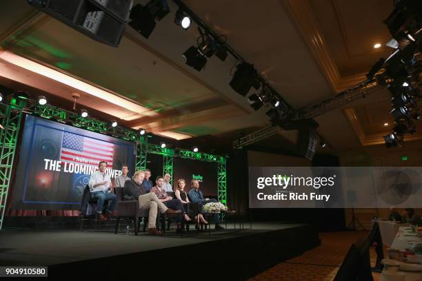 Jeff Daniels, Tahar Rahim, Wrenn Schmidt, Peter Sarsgaard, Danny Futterman, Craig Zisk, Lawrence Wright and Alex Gibney speak onstage during Hulu TCA...