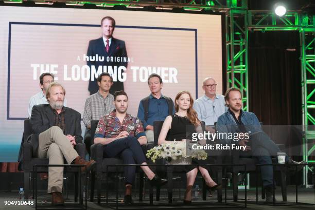 Jeff Daniels, Tahar Rahim, Wrenn Schmidt, Peter Sarsgaard, Danny Futterman, Craig Zisk, Lawrence Wright and Alex Gibney speak onstage during Hulu TCA...