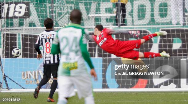 Goal keeper Cleiton of Brazilian club Atletico Mineiro cannot stop a kick for a second half goal by Jeison Lucumi of Colombian side Atletico Nacional...