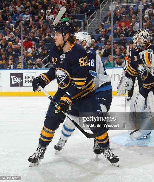 Nathan Beaulieu of the Buffalo Sabres defends against the Winnipeg Jets during an NHL game on January 9, 2018 at KeyBank Center in Buffalo, New York.