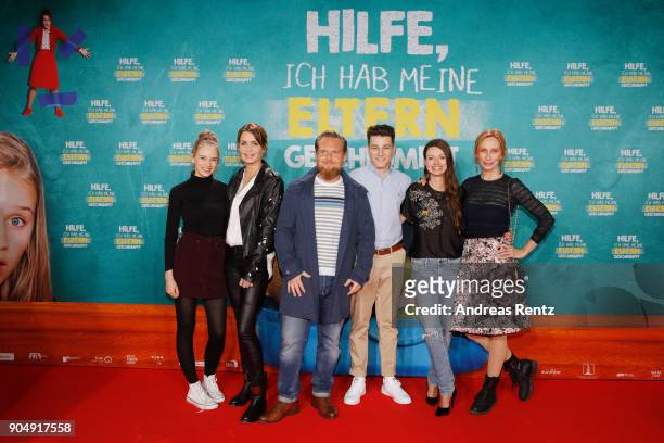 Lina Hueesker, Anja Kling, Axel Stein, Oskar Keymer, Julia Hartmann and Andrea Sawatzki attend the premiere of 'Hilfe, ich hab meine Eltern...
