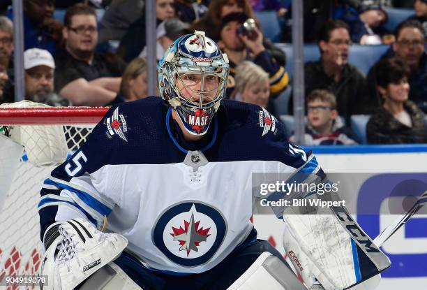 Steve Mason of the Winnipeg Jets tends goal against the Buffalo Sabres during an NHL game on January 9, 2018 at KeyBank Center in Buffalo, New York.