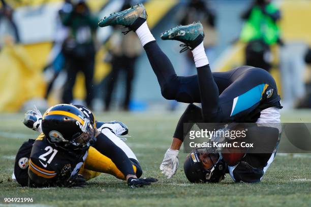 Keelan Cole of the Jacksonville Jaguars makes a catch defended by Joe Haden of the Pittsburgh Steelers during the second half of the AFC Divisional...