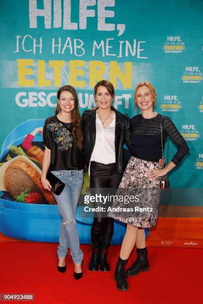 Julia Hartmann, Anja Kling and Andrea Sawatzkiattends the premiere of 'Hilfe, ich hab meine Eltern geschrumpft' at Cinedom on January 14, 2018 in...