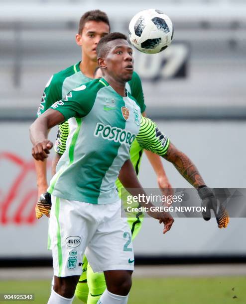 Carlos Cuesta of Colombian side Atletico Nacional clears the ball awayy from the goal during the second half of their Florida Cup game against...