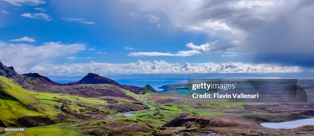 Quiraing mountains on the Isle of Skye, the largest and northernmost of the major islands in the Inner Hebrides of Scotland