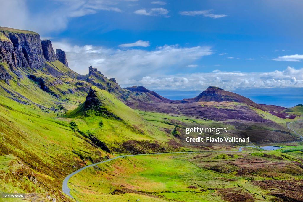 Quiraing mountains on the Isle of Skye, the largest and northernmost of the major islands in the Inner Hebrides of Scotland